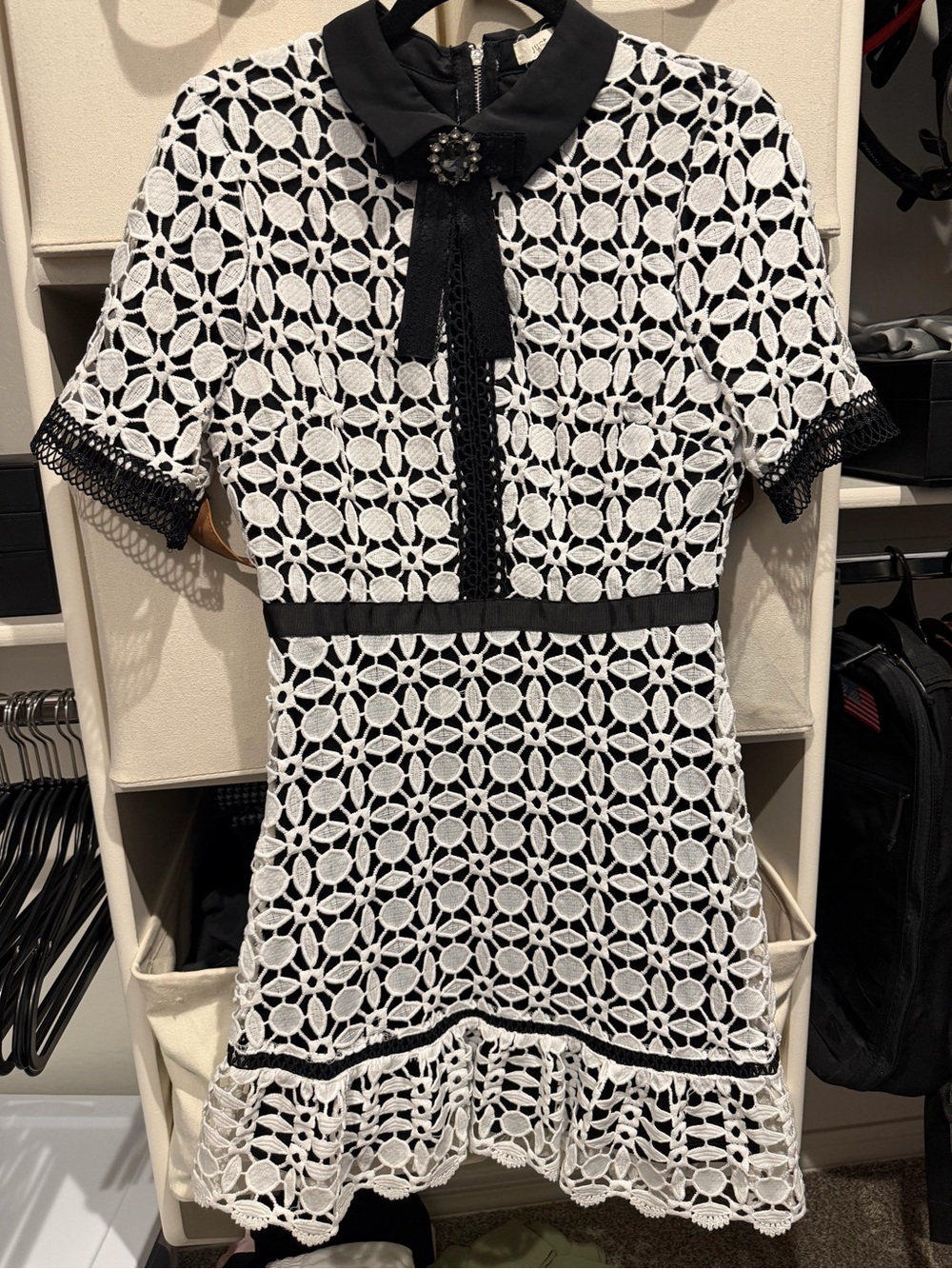 Just Me Black and White Crochet Mini Dress with Ribbon Detail